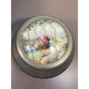 Vintage Brushed Aluminum Music Box Powder Dish with Dried Flowers House Scene